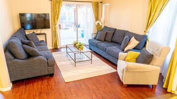 Smart-tv, eldstad, dvd-spelare och böcker