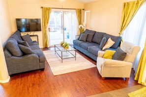 Smart TV, fireplace, DVD player, books