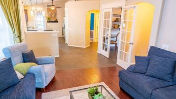 TV connectée, cheminée, lecteur de DVD, livres