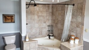 Combined shower/tub, jetted tub, hair dryer, towels