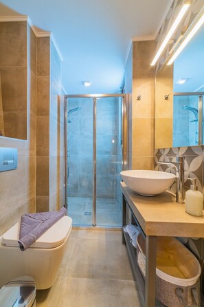 Shower, hair dryer, towels, shampoo