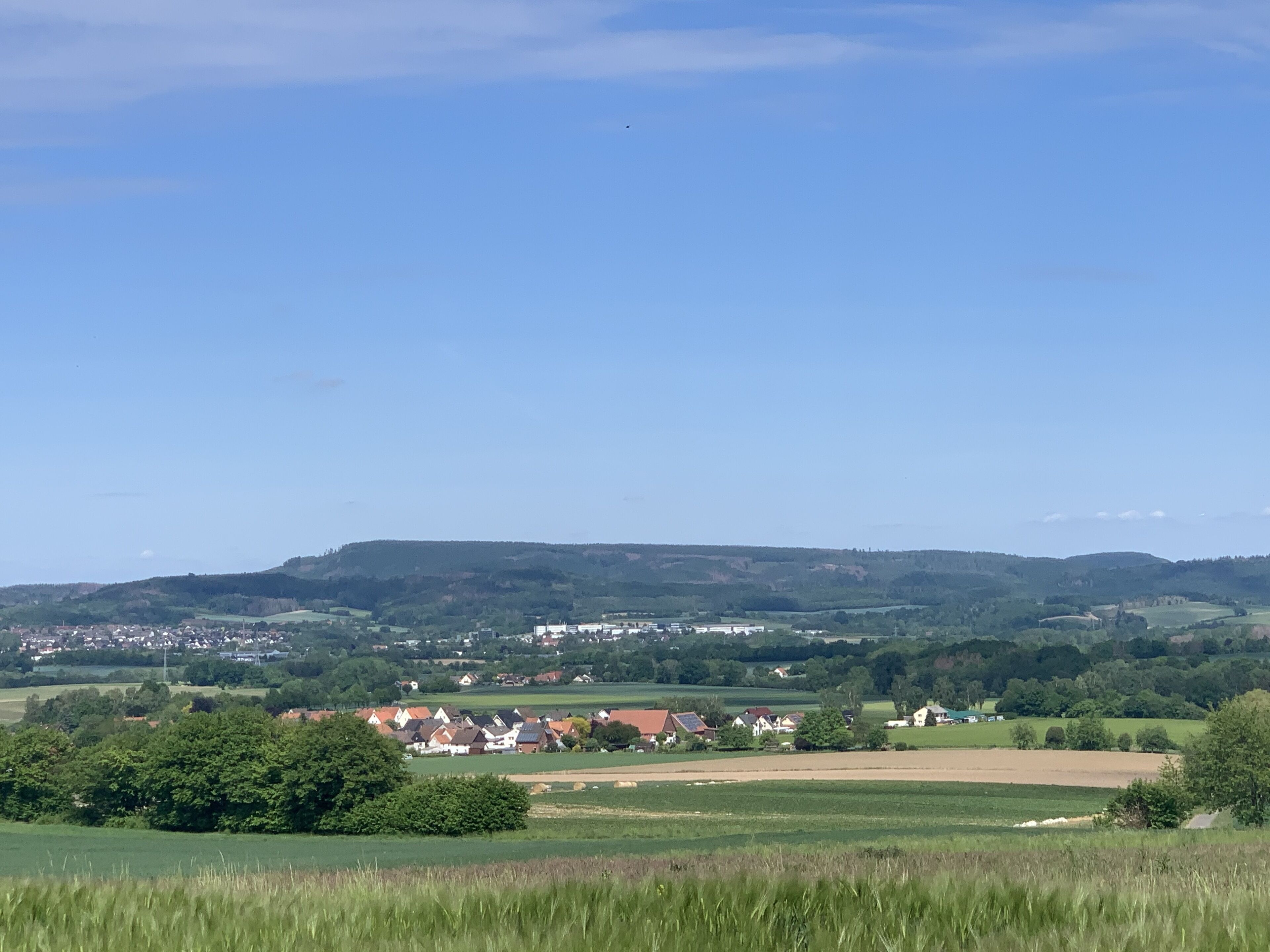 Un paysage rural avec un village, des maisons et des champs.