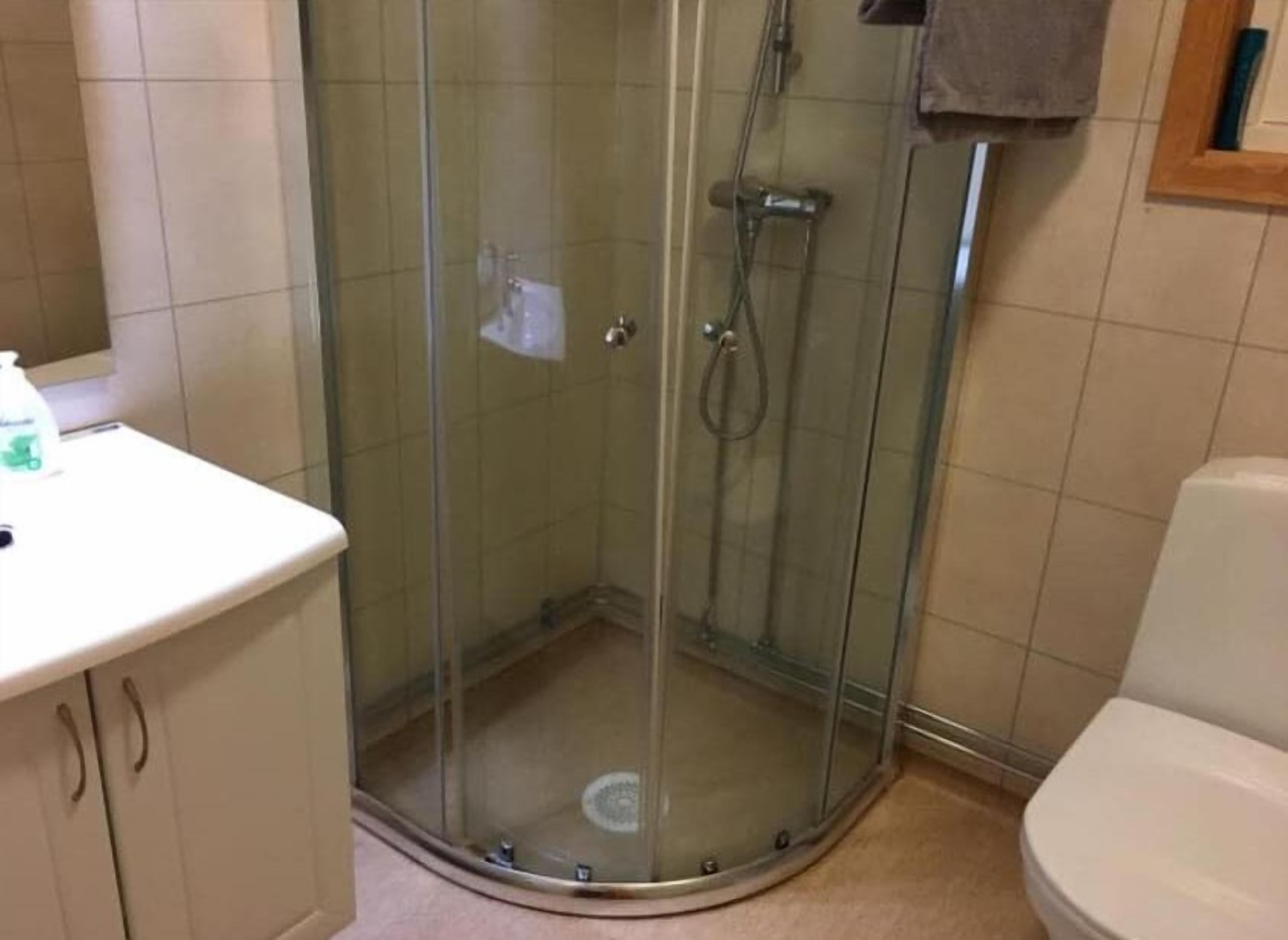 Cabina de ducha con paredes de vidrio, un inodoro blanco y un lavamanos a la izquierda.