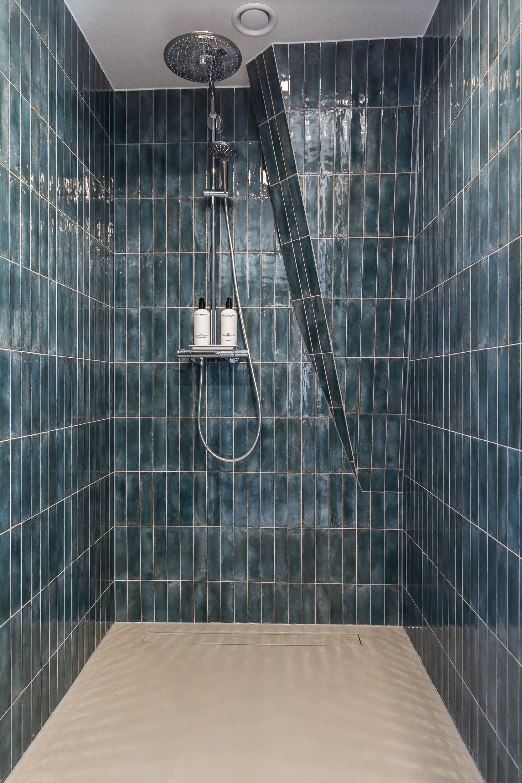 A bathroom with dark blue tiled walls, a showerhead, and a handheld shower attachment.