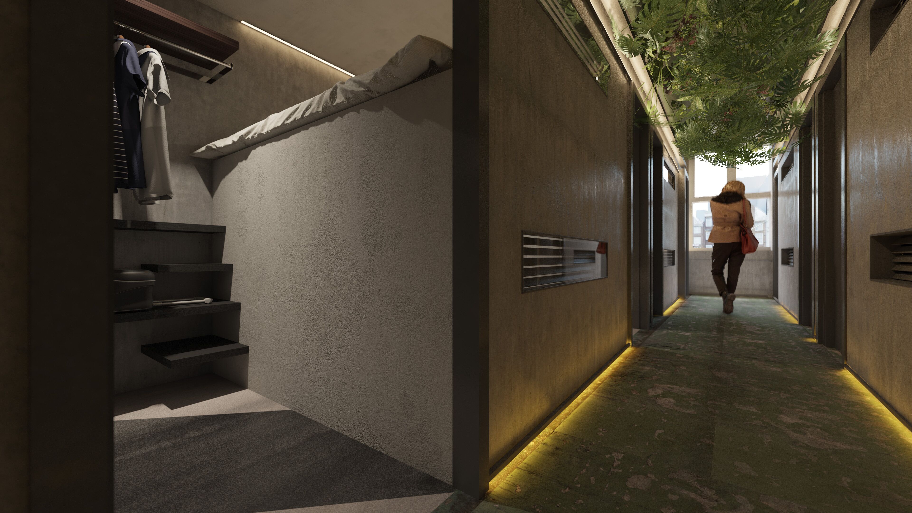 Un couloir moderne avec un escalier, des étagères intégrées et une plante verte suspendue au plafond.