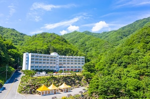 Un hotel con diseño moderno, situado en un valle verde y exuberante con montañas al fondo.