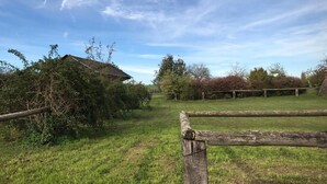 A grassy field with a wooden fence, a building, and trees in the background. - Iris - Bed and breakfast (Ognes)