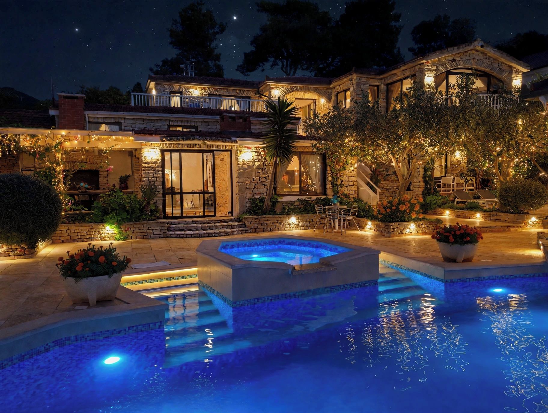 A luxurious property with a swimming pool, outdoor seating, and a well-lit patio area.