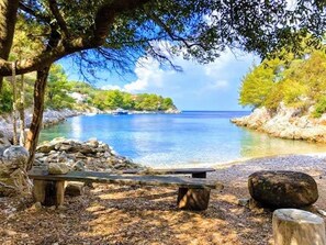 Un paysage naturel offrant une vue dégagée sur une étendue d’eau, un rivage rocheux et un banc en bois.