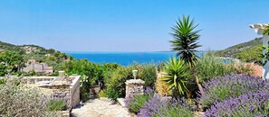 Un chemin de pierre mène à une terrasse qui offre une vue imprenable sur le paysage côtier et la mer.