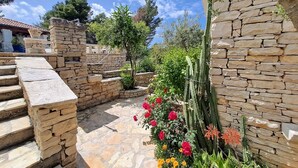 A stone pathway leading to a garden with red flowers and cacti.