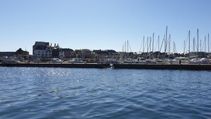 Uma marina com barcos atracados, um cais e edifícios ao fundo.