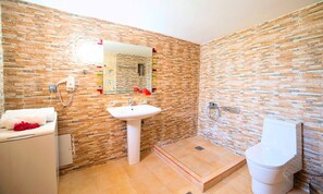 Een badkamer met een stenen muur, een witte wastafel, een toilet en een douchehoek.