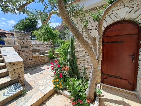 Un patio con paredes de piedra, una puerta de madera, escalones que conducen a una zona cubierta y diversas plantas, entre ellas flores y un cactus.