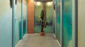 Un pasillo con una planta en maceta, paredes con azulejos y puertas indicando "ducha".