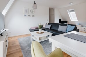 Smart TV, fireplace, books