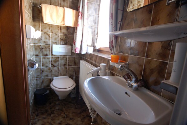 A bathroom with a toilet, sink, and shower area.