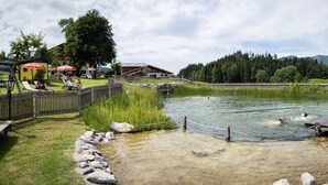 A natural hot spring area with wooden decks and a wooden fence. - Feriengut Unterhochstätt (Schwendt)