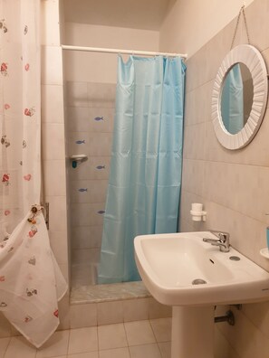 Een douche, een haardroger, zeep, toiletpapier