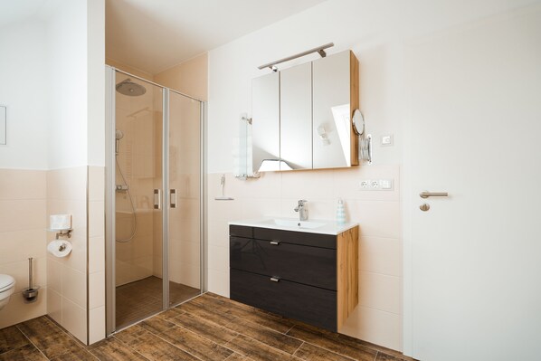 Une salle de bain moderne avec une douche à parois de verre, un meuble-lavabo avec un miroir et des toilettes.