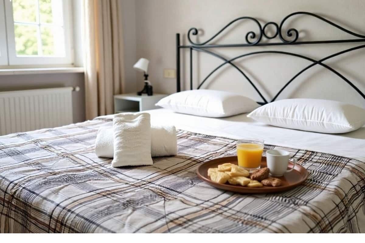 Una cama bien hecha con una colcha escocesa, un plato con comida para el desayuno y un vaso de jugo de naranja.