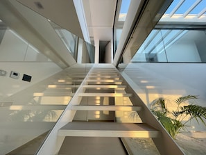 A modern interior with a glass staircase leading to a higher level, surrounded by walls with embedded lighting and a view of the outdoors.