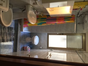 Hair dryer, towels, soap, shampoo
