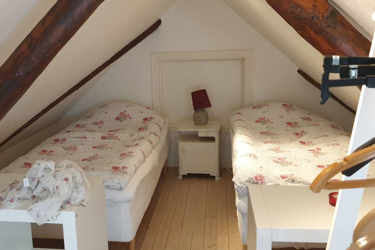 A small attic bedroom with two single beds, wooden beams, a white door, and a small nightstand with a lamp.