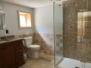 A bathroom with a toilet, a glass shower enclosure, and a vanity with a mirror. - Beautiful log cabin on the Pendleton Creek!  (Iron River)