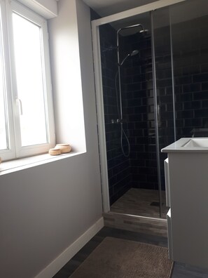 Bathtub, hair dryer, towels, toilet paper