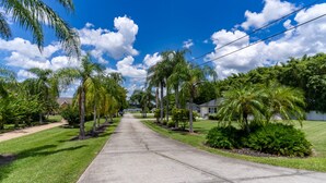 Une rue résidentielle bordée de palmiers et de maisons.