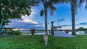 Une zone herbeuse où l’on voit un chat se dirigeant vers un kiosque situé au bord d’un plan d’eau.