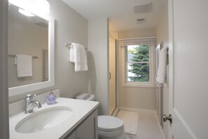 A bathroom with a sink, mirror, toilet, and window. - Centrally Located DoCo Oasis (Fish Creek)