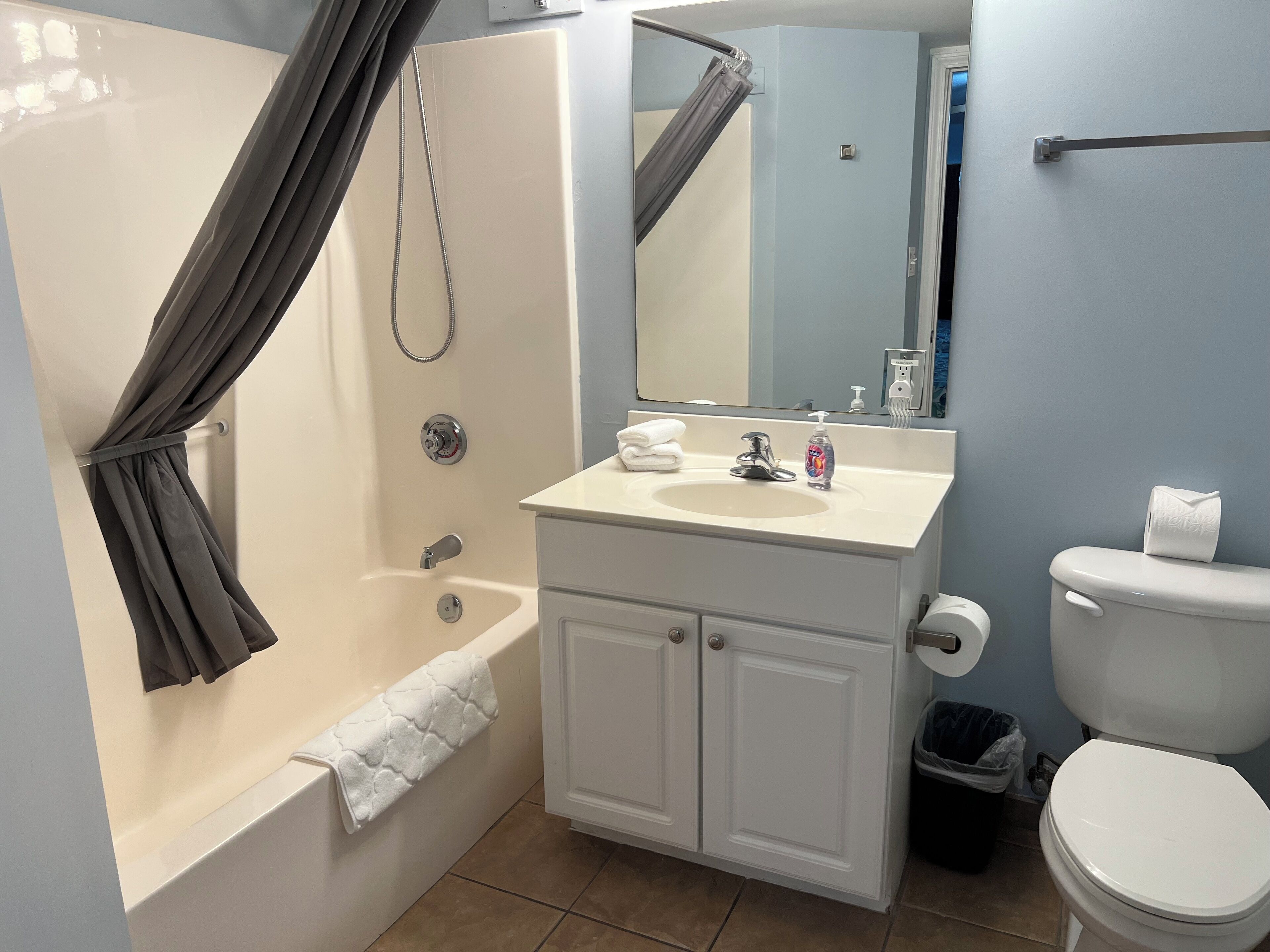 A bathroom with a bathtub, a sink, a toilet, and a mirror.
