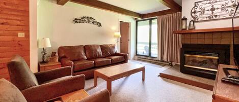 Taulutelevisio, takka, DVD-soitin, stereot