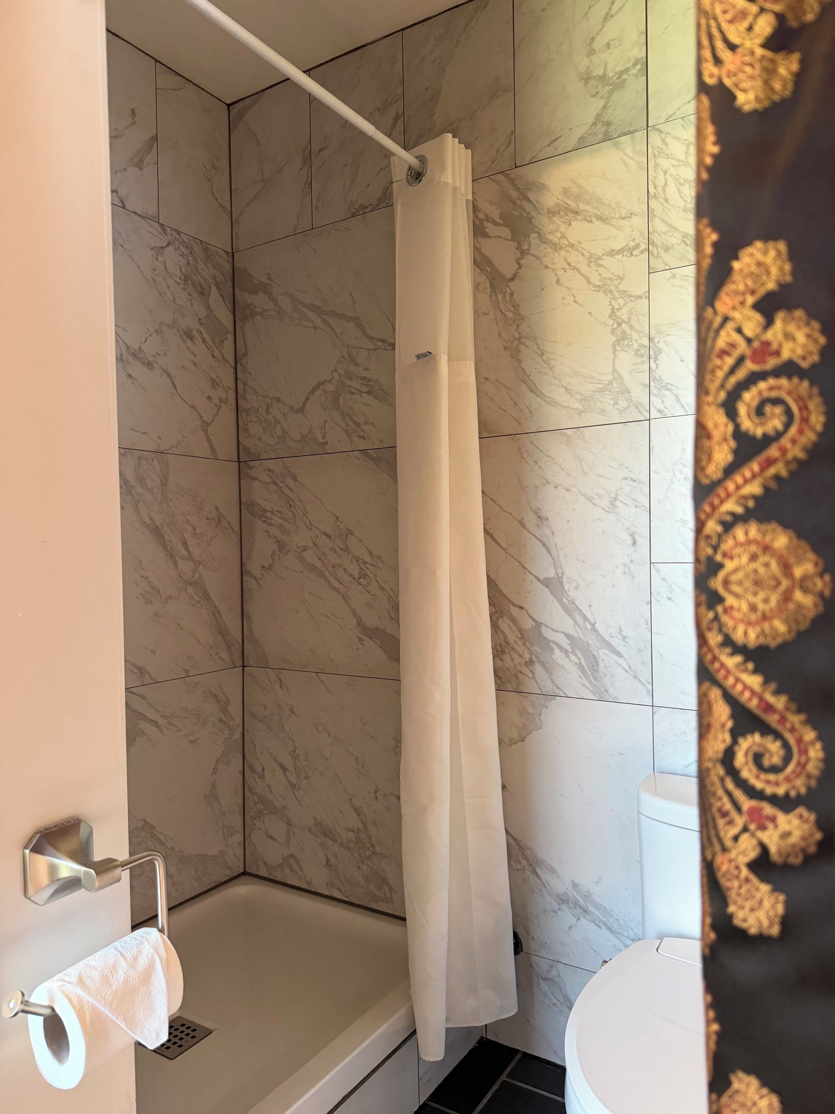 Une salle de bain avec une douche, des toilettes et un porte-serviettes.