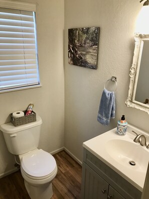 Combined shower/bathtub, hair dryer, towels, soap - On the Frio River (Leakey)