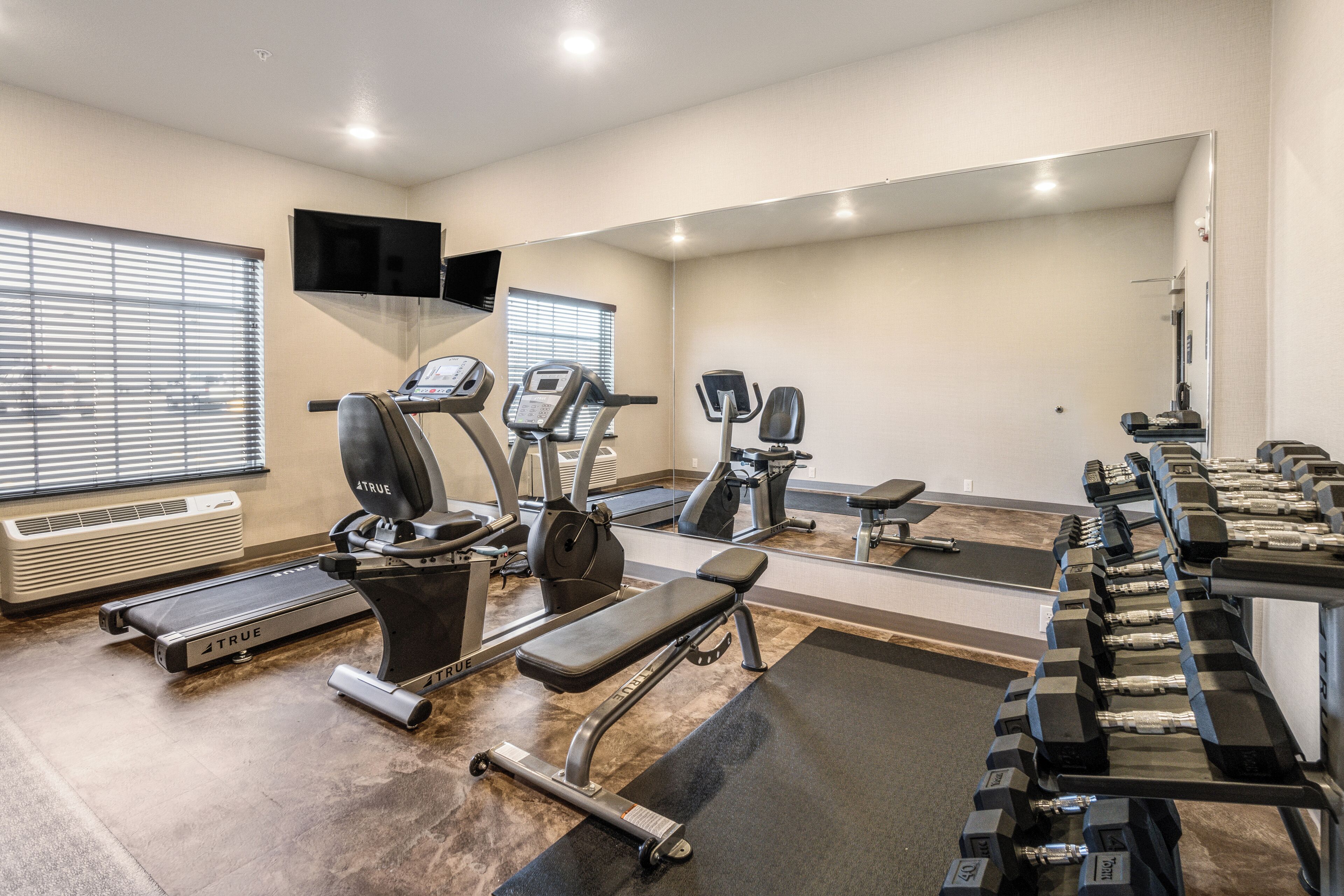 Un gimnasio con cintas de correr, elípticas y pesas sueltas.