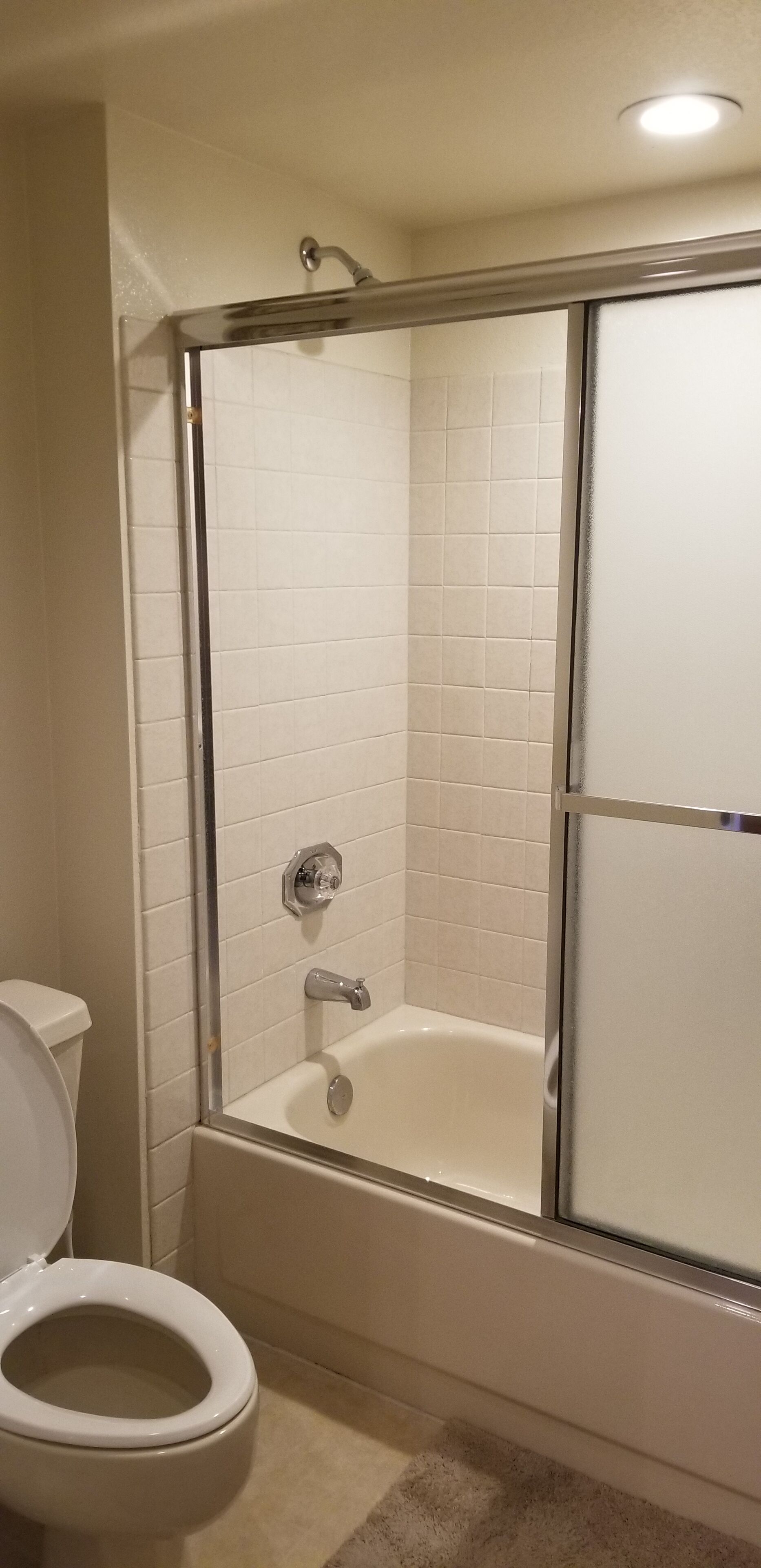 Un baño con ducha separada por mampara de vidrio, inodoro blanco y bañera.