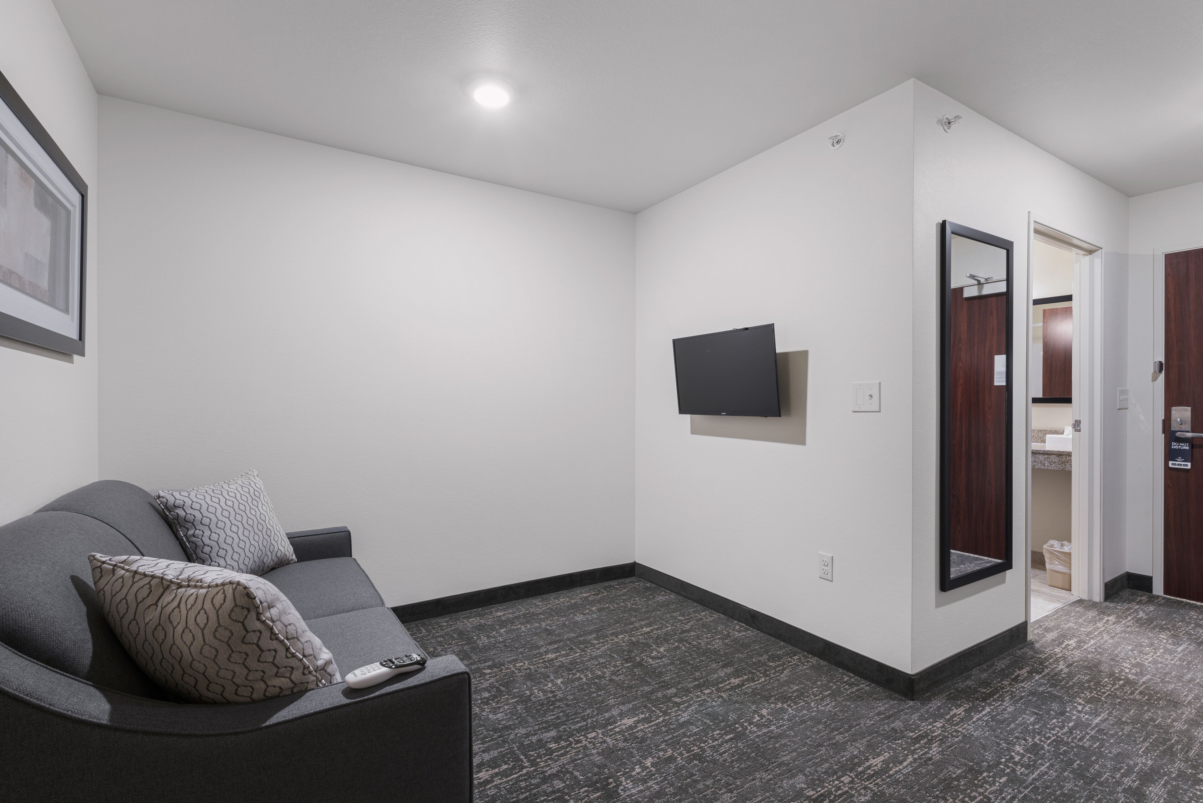 Una sala de estar moderna con un sofá gris, un televisor de pantalla plana montado en la pared y una puerta de madera oscura que da al baño.