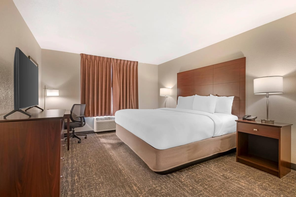 Una habitación de hotel con cama, escritorio, silla y dos lámparas de noche.