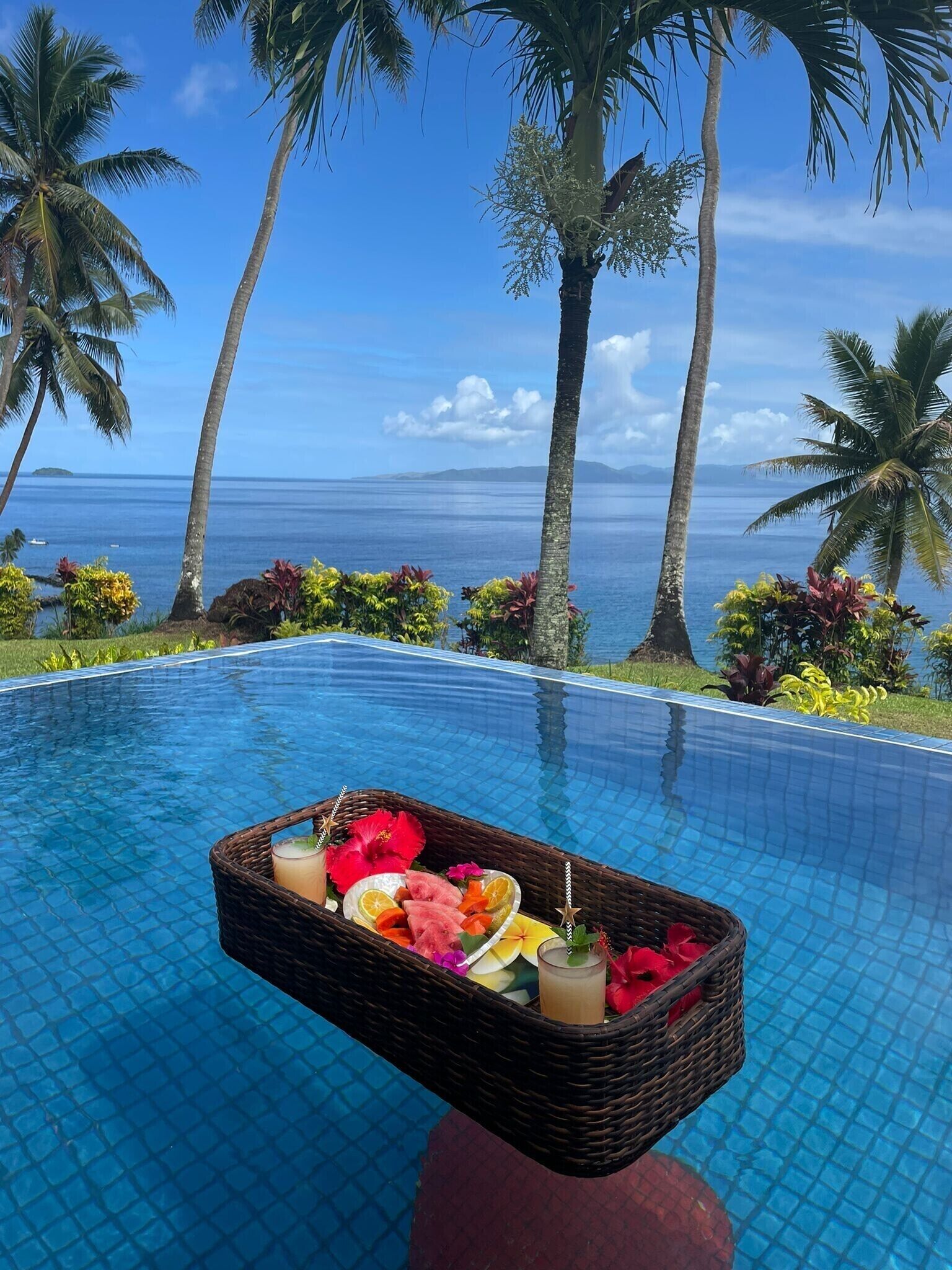 Una piscina infinita con una cesta de mimbre que contiene frutas y bebidas, rodeada de palmeras y vista al océano.
