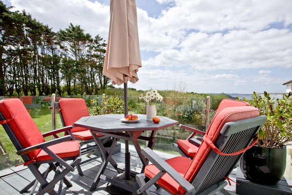 A patio with a table, chairs, and a potted plant.