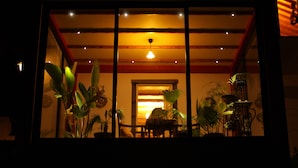 Une pièce faiblement éclairée, avec un plafond en bois et un luminaire suspendu. On y voit plusieurs plantes en pot disposées dans la pièce, et une chaise est visible au premier plan.