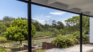 Blick auf einen Garten mit Teich, umgeben von Bäumen und Kübelpflanzen.