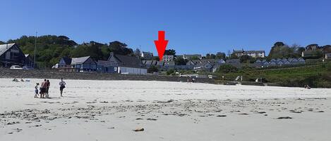 A beach with houses in the background and a red arrow pointing downwards.