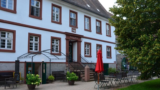 Ein traditionelles Gebäude im europäischen Stil mit Innenhof, Außenbereich und einem Hund.