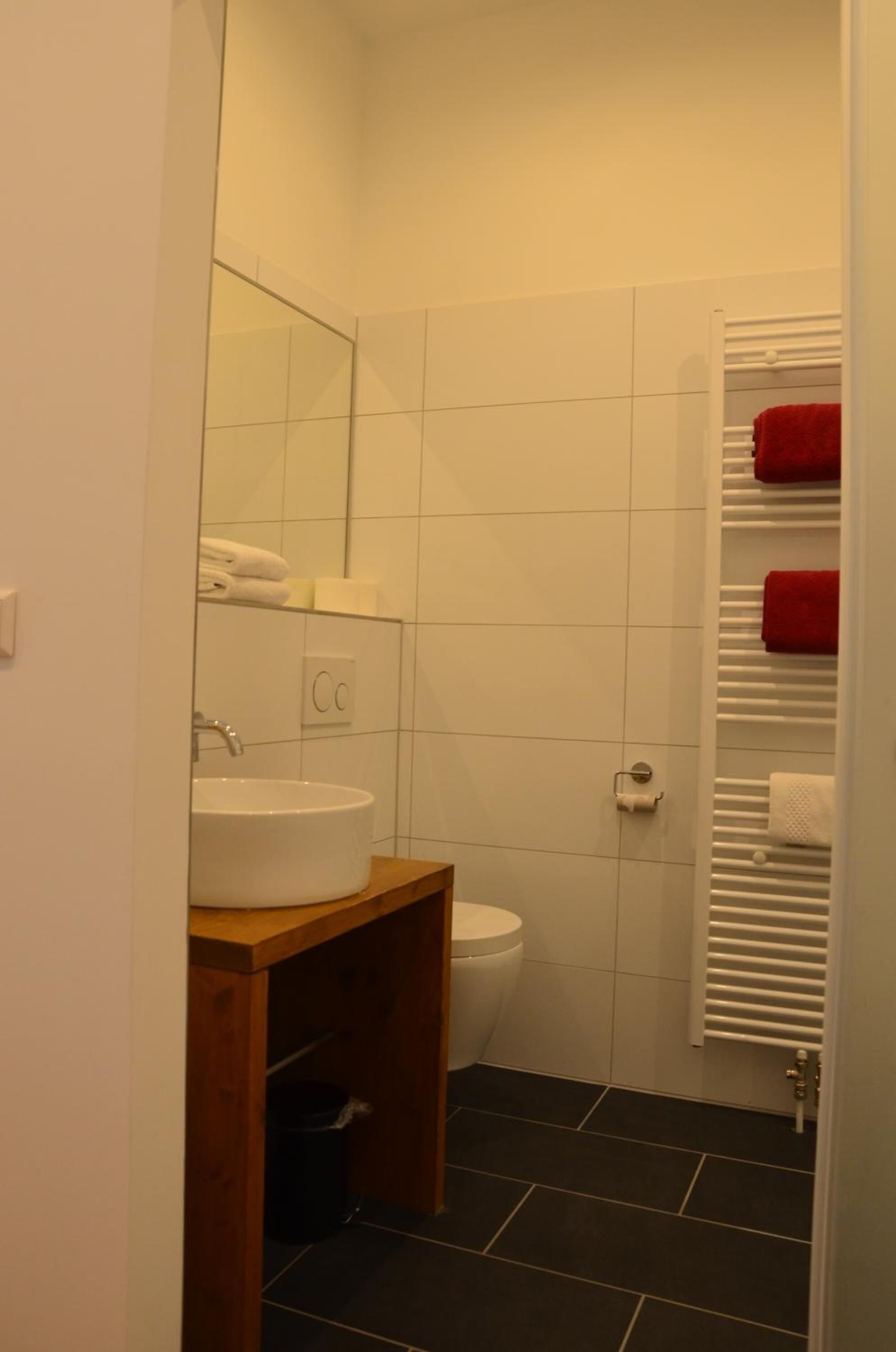 Un baño pequeño con un lavamanos blanco, un inodoro y un perchero con toallas rojas.