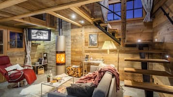 Smart TV, fireplace, DVD player, books