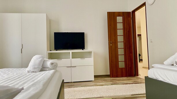 A hotel room with a bed, a TV on a white cabinet, a wooden door, and a carpeted floor. - Cardinal Central Apartment (Satu Mare)